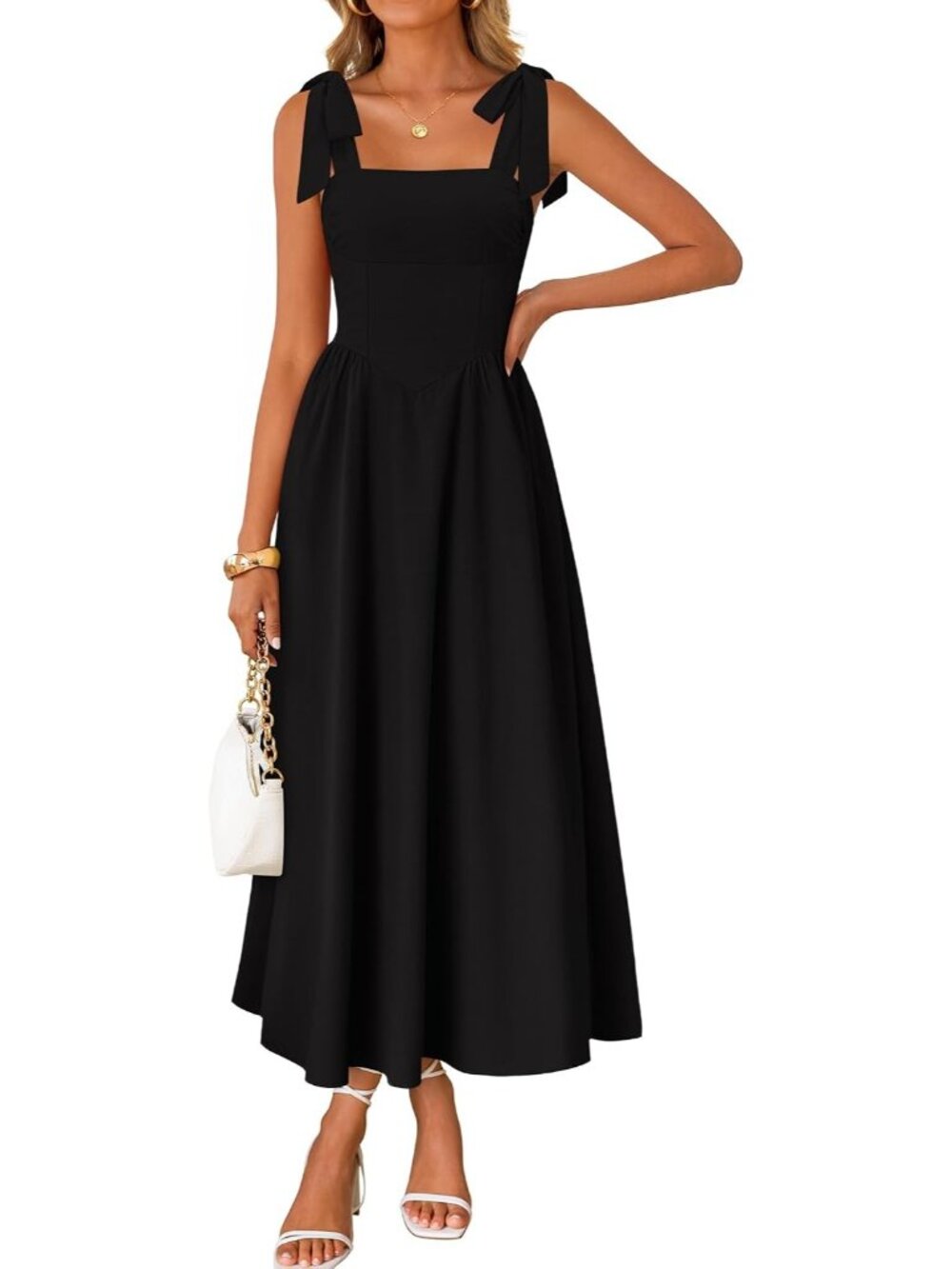 Women's Black Summer Tie Shoulder Spaghetti Strap Wedding Guest Maxi Dresses